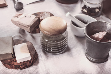 Set of ingredients and tools for handmade soap making. Organic cosmetics. Handcraft and small home business concept