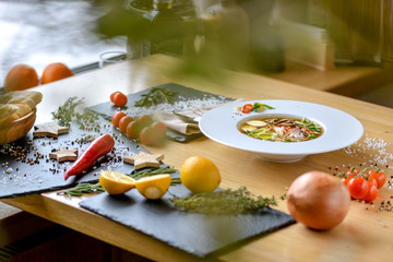 large round noodle soup