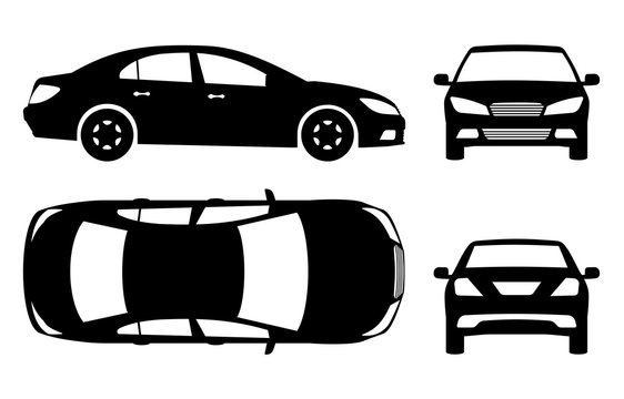 Car silhouette on white background. Vehicle icons set view from side, front, back, and top