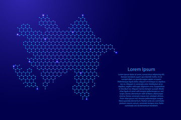 Azerbaijan map from futuristic hexagonal shapes, lines, points  blue and glowing stars in nodes, form of honeycomb or molecular structure for banner, poster, greeting card. Vector illustration.