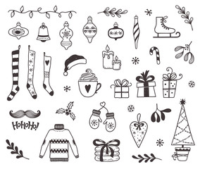 Set of Christmas and winter design elements in doodle style