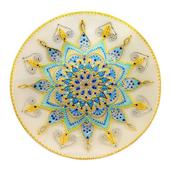 Decorative ceramic dish painted with hands. Art, handmade.