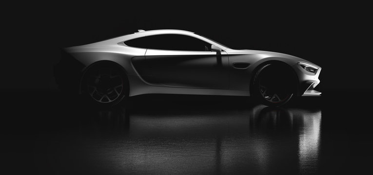 Modern white sports car on black background. Side view