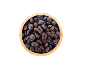 Wooden Bowl with coffee beans and coffee leaf on white background.