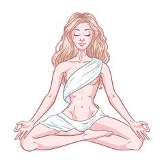 Young meditating yogi woman in lotus pose isolated on white background. Vector illustration