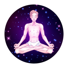 Young meditating yogi man in lotus pose on space background with stars. Vector illustration