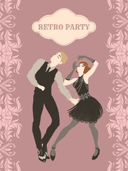 Retro party card, man and woman dressed in 1920s style dancing, flapper girls handsome guy in vintage suit, twenties, vector illustration