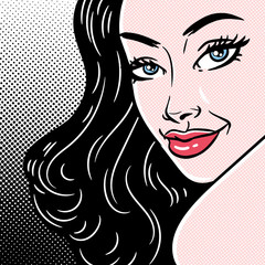 Comic style pop art girl face close-up, beautiful woman, vector illustration