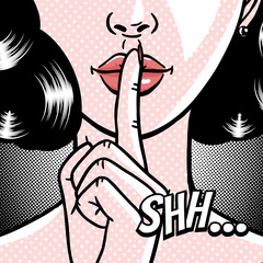 Comic style beautiful young woman holding a finger to her mouth, secret, whisper, psst, pop art, vector illustration - 282244922