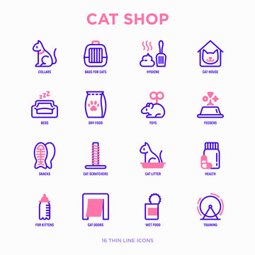 Cat shop thin line icons set: bags for transportation, hygiene, collars, doors, toys, feeders, scratchers, litter, shack, training. Modern vector illustration.