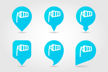 Windsocks inflated by wind pin map icon. Weather