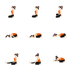 Seated knees yoga poses set/ Illustration stylized woman practicing seated yoga postures, variations with knees