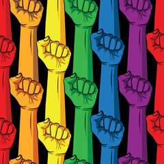 Color vector repeating illustration of a fist in rainbow colors on a black background. Seamless texture fist in different colors. LGBT Community Poster Design