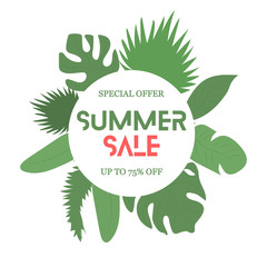 Vector illustration of a summer sale with tropical plants and palm leaves