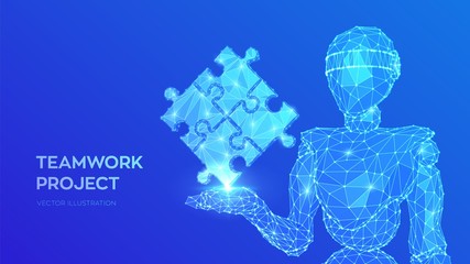 Teamwork. Puzzle elements. Team metaphor. Symbol of teamwork, cooperation, partnership. Abstract 3d low polygonal robot holding puzzle pieces. Business concept of of connecting. Vector Illustration.