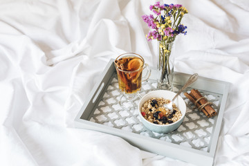 Breakfast in bed with copy space