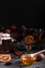Close-up of honey and tea