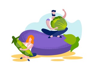 Young Man and Woman Sitting at Huge Eggplant.