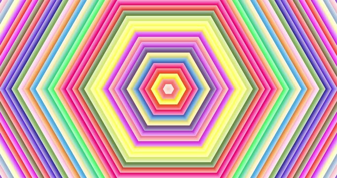 Abstract concentric geometric waves shapes in multicolor animation. Hypnotic graphic effect with fast transitions. Hexagon, Octagon wave form in fast transitions. Explosion of concentric colors