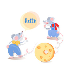 Hello. Two cute cartoon rats greet each other and cheese. Funny mice. Animal, rodent. Year of the rat. Chinese zodiac horoscope.