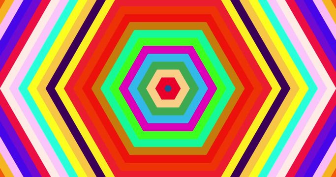 Abstract concentric geometric waves shapes in multicolor animation. Hypnotic graphic effect with fast transitions. Hexagon, Octagon wave form in fast transitions. Explosion of concentric colors