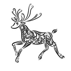 Contour reindeer from the elements of ornament. Image is a black line. Silhouette. New Year. Christmas Celebration Postcard.