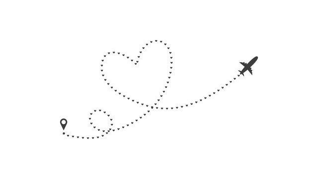 Love airplane route. Heart dashed line trace and plane routes isolated on white background. Romantic wedding travel, Honeymoon trip. Hearted plane path drawing. Vector illustration