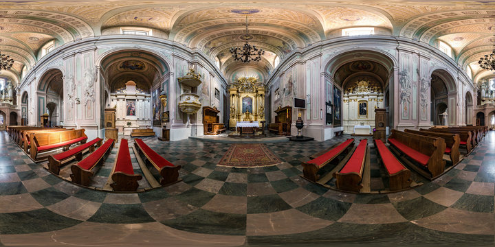 full seamless spherical hdri panorama 360 degrees angle view inside of interior baroque catholic church of saint trinity in equirectangular projection, ready AR VR content