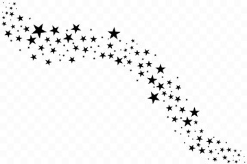 Set of golden falling stars. Cloud of golden stars isolated on transparent background. Vector illustration. Meteoroid, comet, asteroid, stars