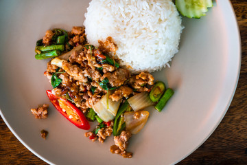 Close up Rice topped with stir fried minced pork and onion