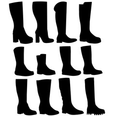 vector, isolated, set of women’s silhouette and shoes, boots