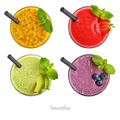 Glasses of strawberry,  passion fruit, blueberry and  avocado smoothie