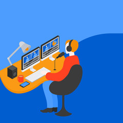 Video editor. Man creates media content