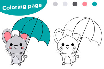 Cute cartoon kawaii mouse with umbrella. Autumn theme. Coloring page or book. Educational game for kids.