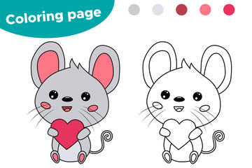 Coloring page or book for kids. Educational game. Kawaii cartoon mouse with pink heart. Valentines day theme. Vector illustration.