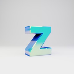 Sky blue 3d letter Z lowercase. Metal font with glossy reflections and shadow isolated on white background.