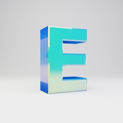Sky blue 3d letter E uppercase. Metal font with glossy reflections and shadow isolated on white background.