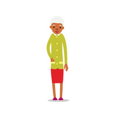 Happy african old women. Cute grandmother standing and smiling. Traditional retirement lifestyle. Older black lady retired. Cartoon illustration isolated on white background in flat style