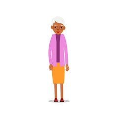 Happy african old women. Cute grandmother standing and smiling. Traditional retirement lifestyle. Older black lady retired. Cartoon illustration isolated on white background in flat style