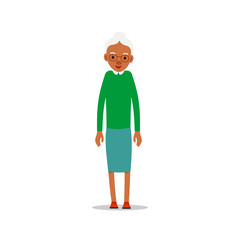 Happy african old women. Cute grandmother standing and smiling. Traditional retirement lifestyle. Older black lady retired. Cartoon illustration isolated on white background in flat style
