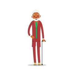 Attractive african old man. Older black senior retired. Cute grandfather standing and smiling. Traditional retirement lifestyle. Cartoon illustration isolated on white background in flat style