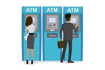 Bank dispensers and human characters back view isolated on white