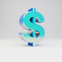 Obraz premium Sky blue 3d dollar symbol. Metal font with glossy reflections and shadow isolated on white background.