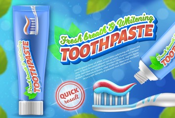 Advertising poster of fresh breath and whitening toothpaste. 3d vector illustration for promotional campaign.