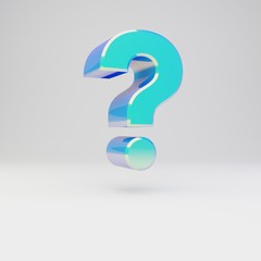 Sky blue 3d question symbol. Metal font with glossy reflections and shadow isolated on white background.