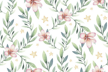 Hand drawn watercolor tropical flower seamless pattern. Exotic palm leaves, jungle tree, brazil tropic botanical decoration botany elements and flowers. Perfect for fabric design.