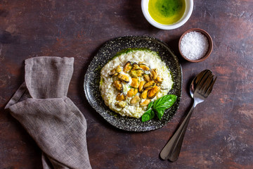 Risotto with mussels . Italian cuisine. Proper nutrition. Vegetarian food.