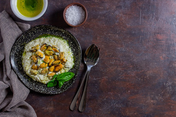 Risotto with mussels . Italian cuisine. Proper nutrition. Vegetarian food.