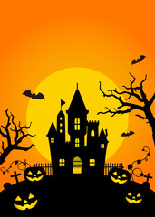 Halloween silhouette background vector illustration. Poster (flyer) template design (text space) / orange