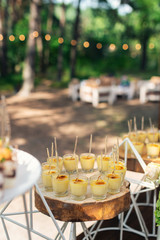 Tasty sweets on a brown rustic wooden banquet table. Summer wedding in the forest. Banquet table. Wedding candy bar. - 282257706